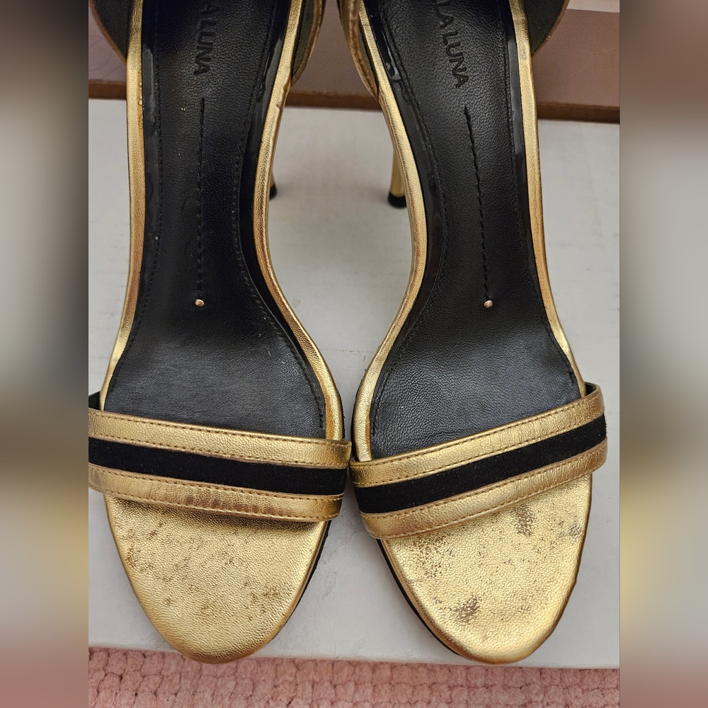 StellaLuna Gold Wings Leather Double Buckle Strap Heel Sandals - Picture 12 of 16